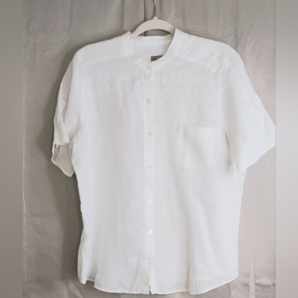 J.Jill Blouse, Size Large, White, Linen, Short Sleeves, Buttondown, No Collar